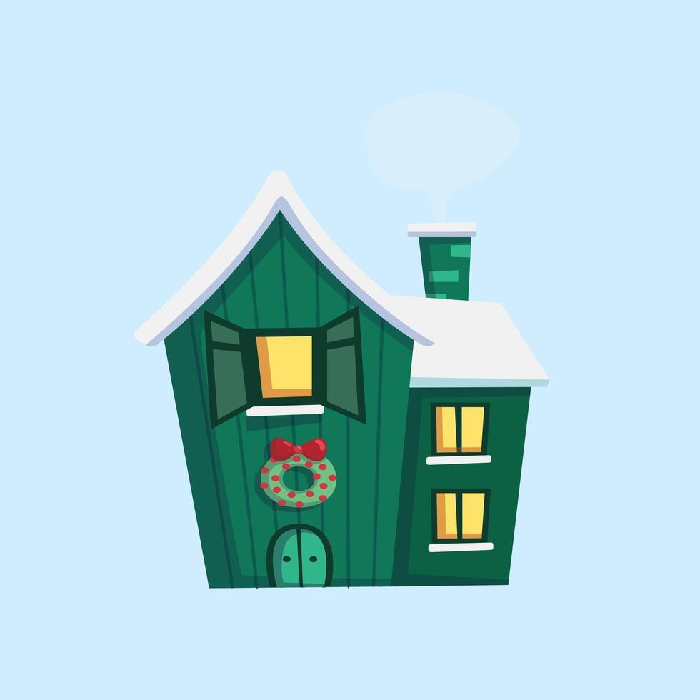 a cartoon house with a santa hat on top,Bright decorative winter house in snow. Merry festive decorations for new year and Christmas vector