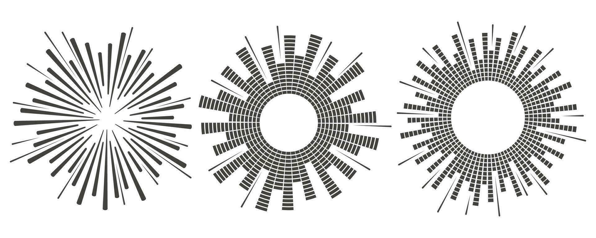 Circle sound wave. Audio music equalizer. Round circular icons set. Spectrum radial pattern and frequency frame. Vector design