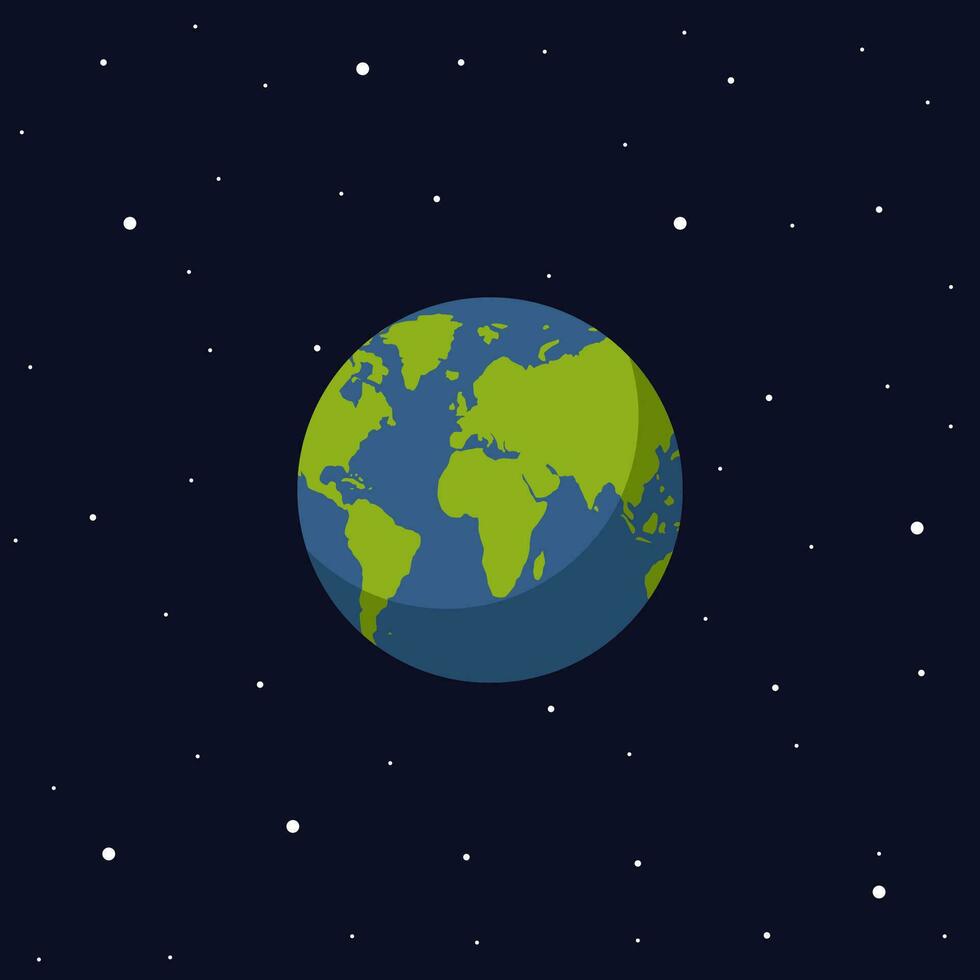 Planet Earth in space with stars in flat style. World globe vector illustration