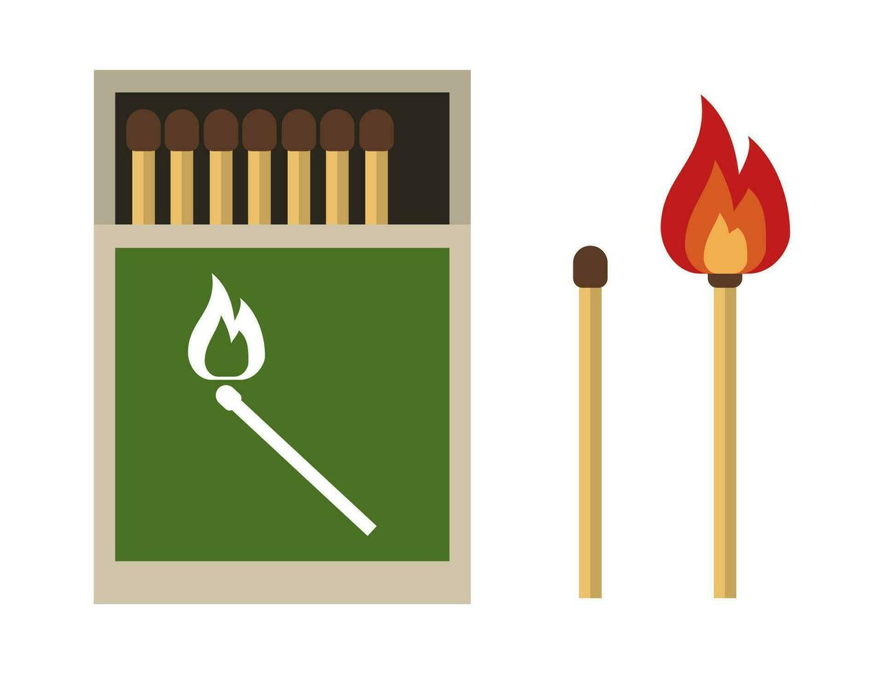 Burning match with fire, opened matchbox, burnt matchstick isolated on white background. Vector illustration