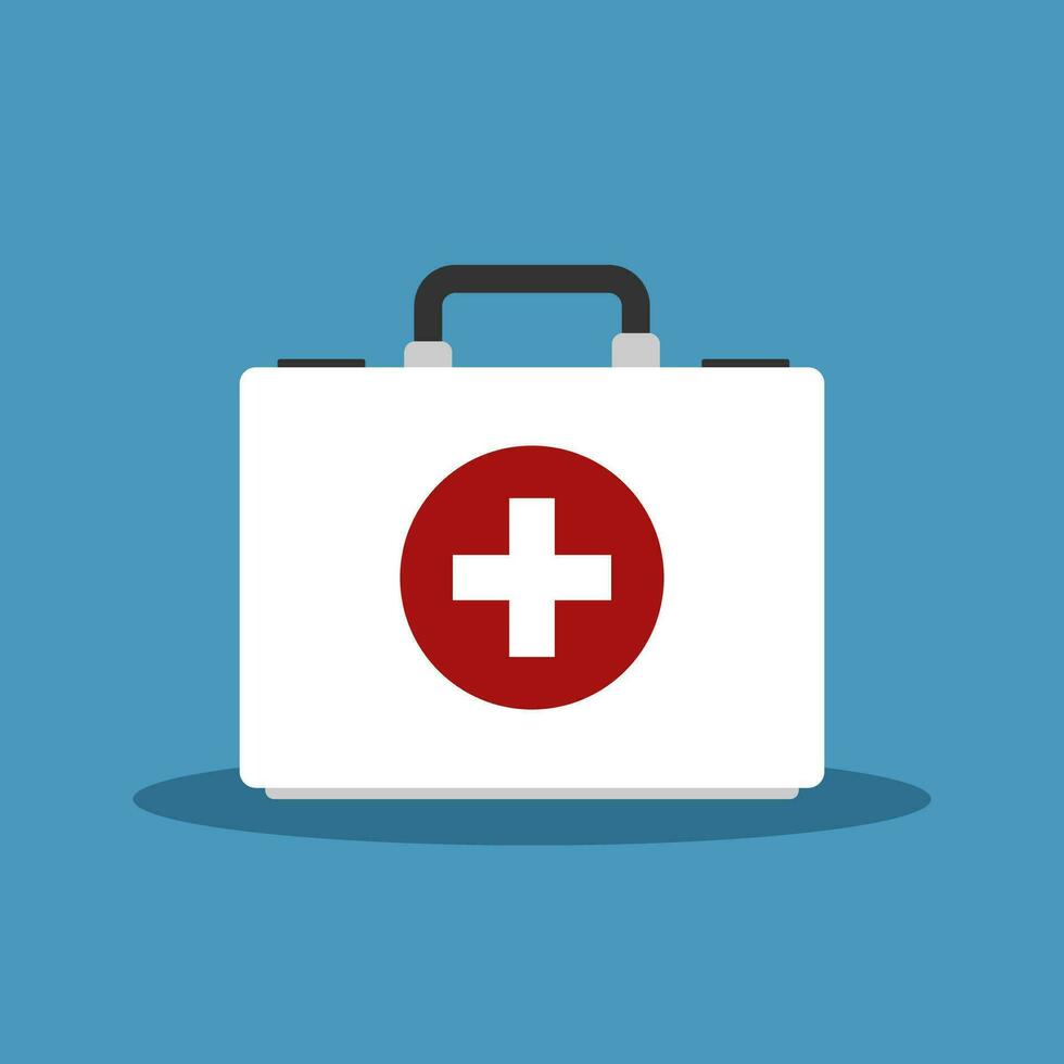 White first aid kit isolated on blue background. Health, help and medical diagnostics concept. Vector illustration