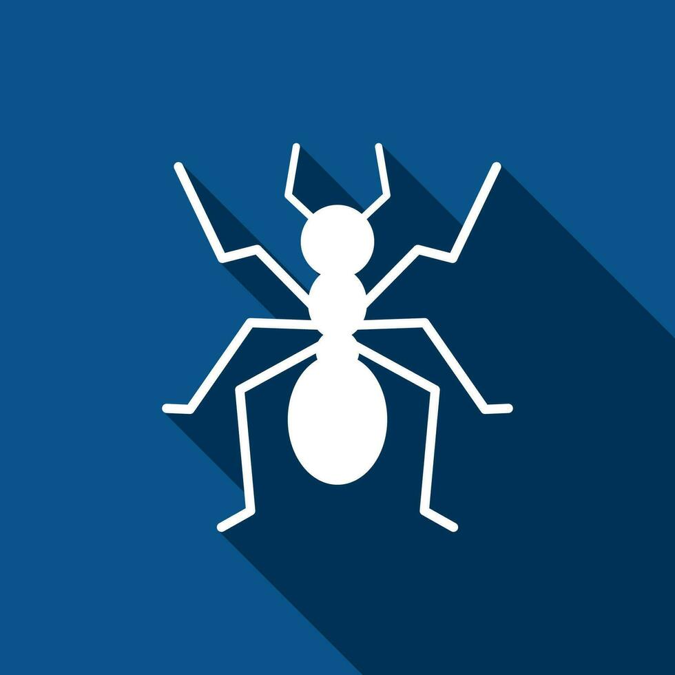 Ant icon on blue background with long shadow. Vector illustration