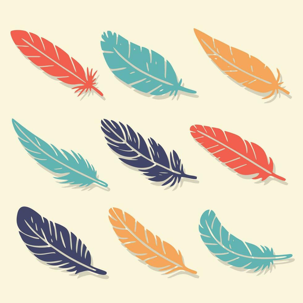 Colorful bird feathers set icon. Feather silhouette. Plumelet flat collection. Vintage pen for calligraphy. Vector isolated on white