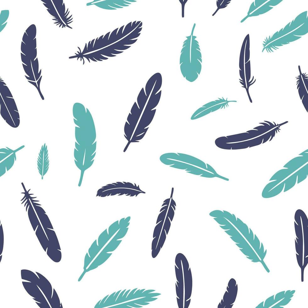 Bird feathers seamless pattern. Feather silhouette background. Plumelet collection. Vector isolated on white