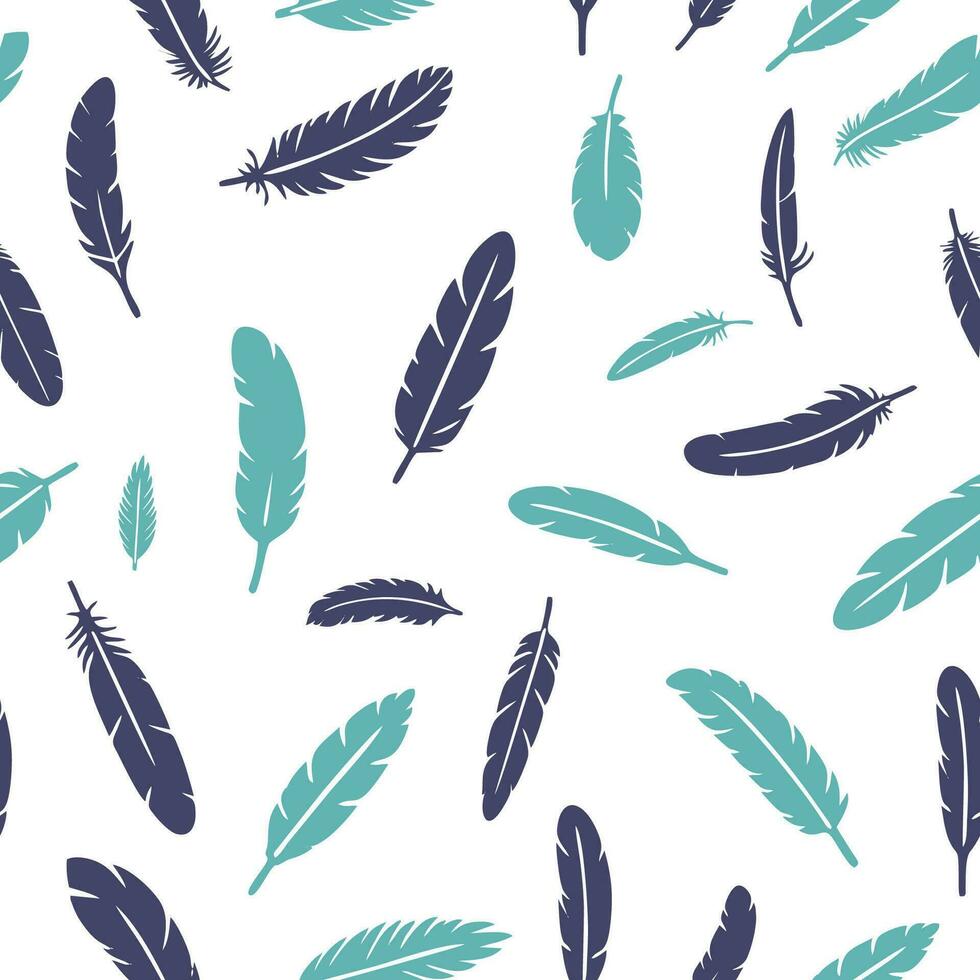 Bird feathers seamless pattern. Feather silhouette background. Plumelet collection. Vector isolated on white