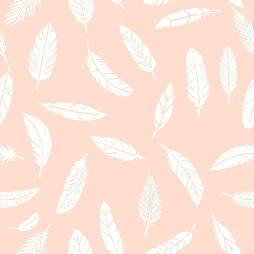 Bird feathers seamless pattern. Feather silhouette background. Plumelet collection. Vector isolated on white