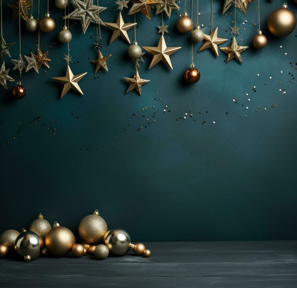 AI generated golden christmas decoration on dark background photo
