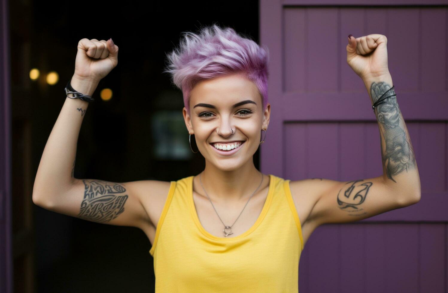 AI generated happy young woman flexing her arm in the air confident photo