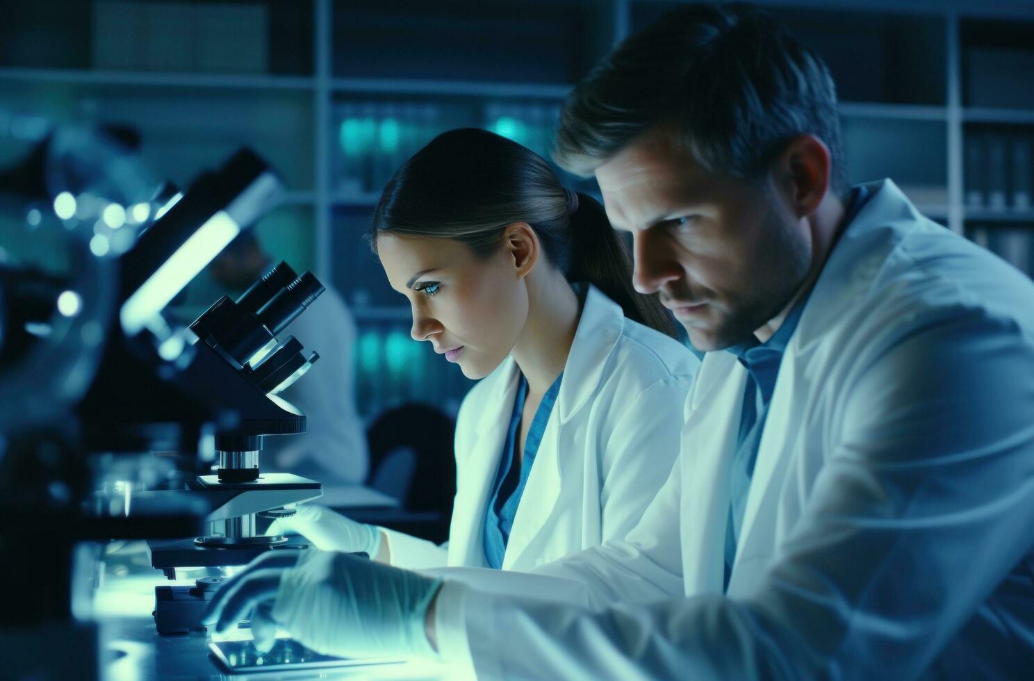 ai generado hembra médico trabajando a química laboratorio en un microscopio foto