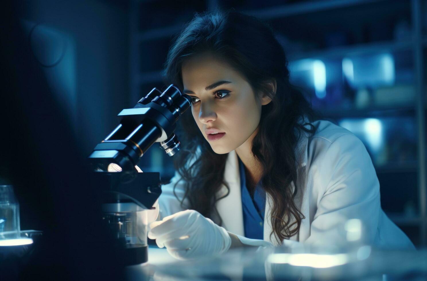 AI generated female doctor working at chemistry laboratory in a microscope photo