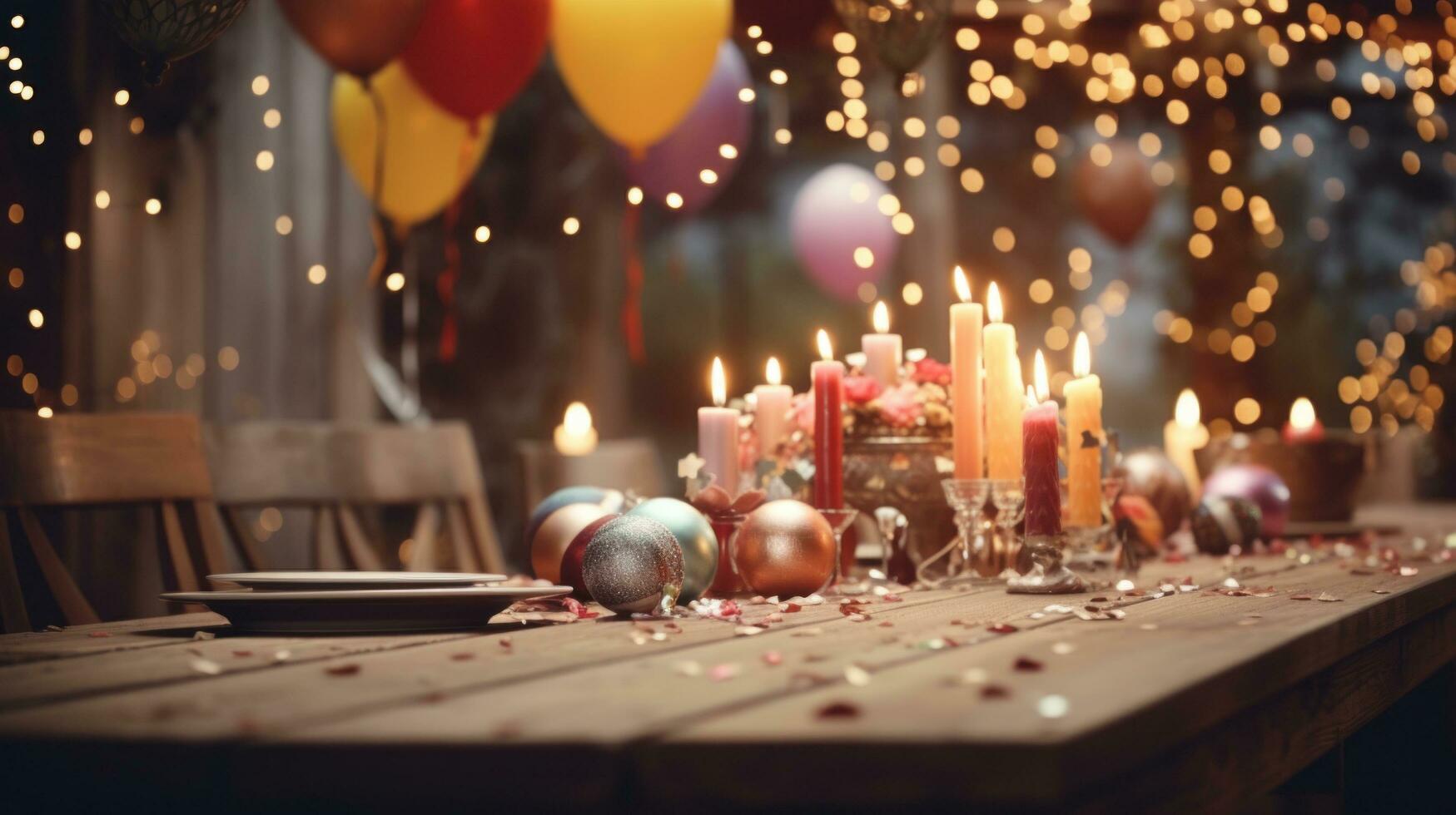 AI generated diy birthday celebration table with lights in the background and banners, photo