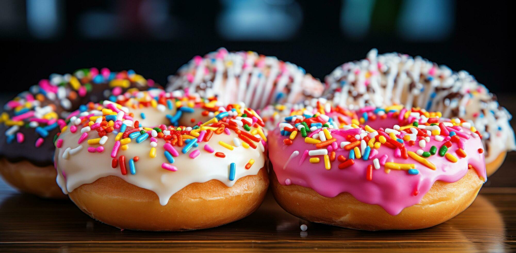 ai generado vistoso rociado rosquillas en un mesa, foto