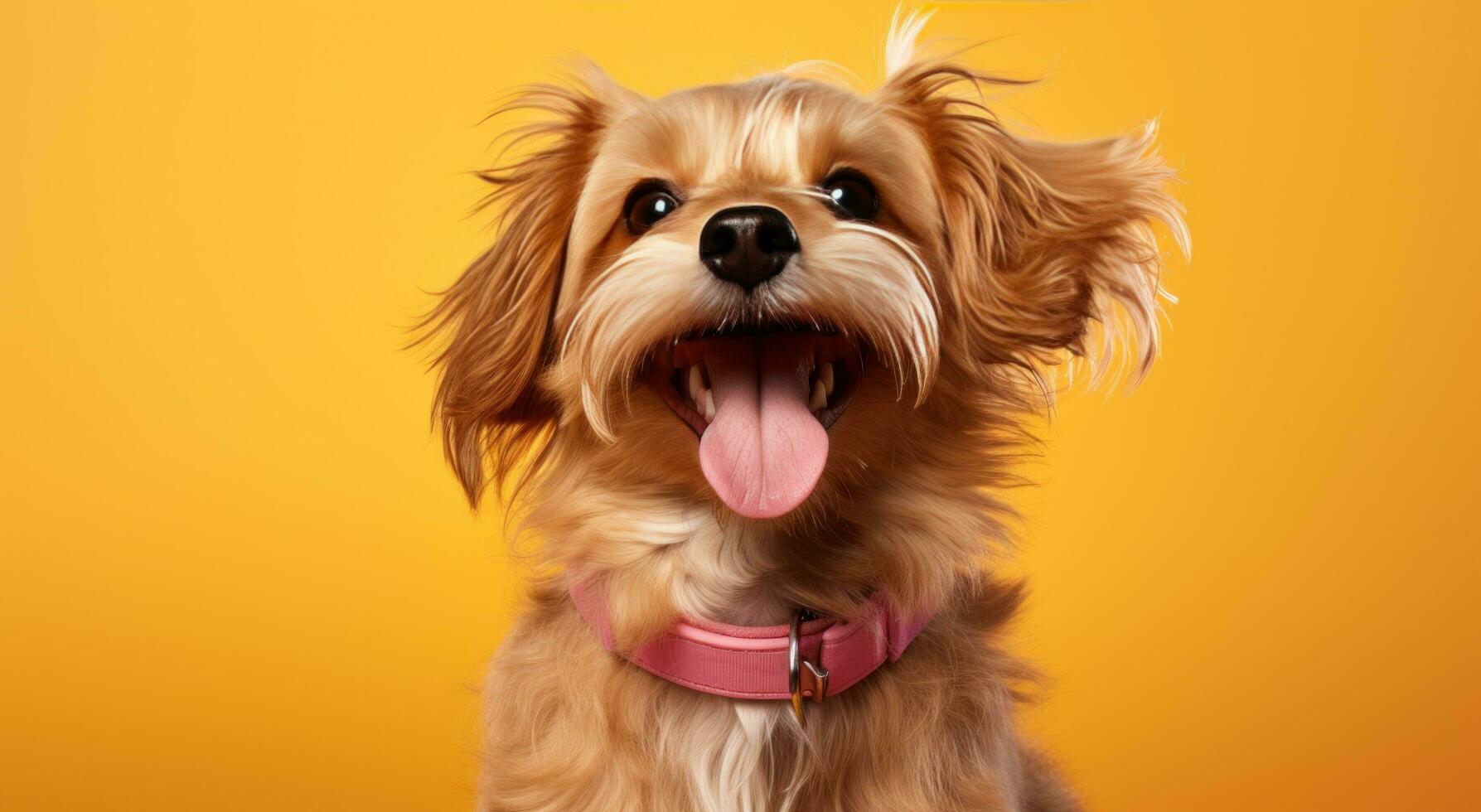 ai generado canino sonriente en el frente de un naranja antecedentes foto