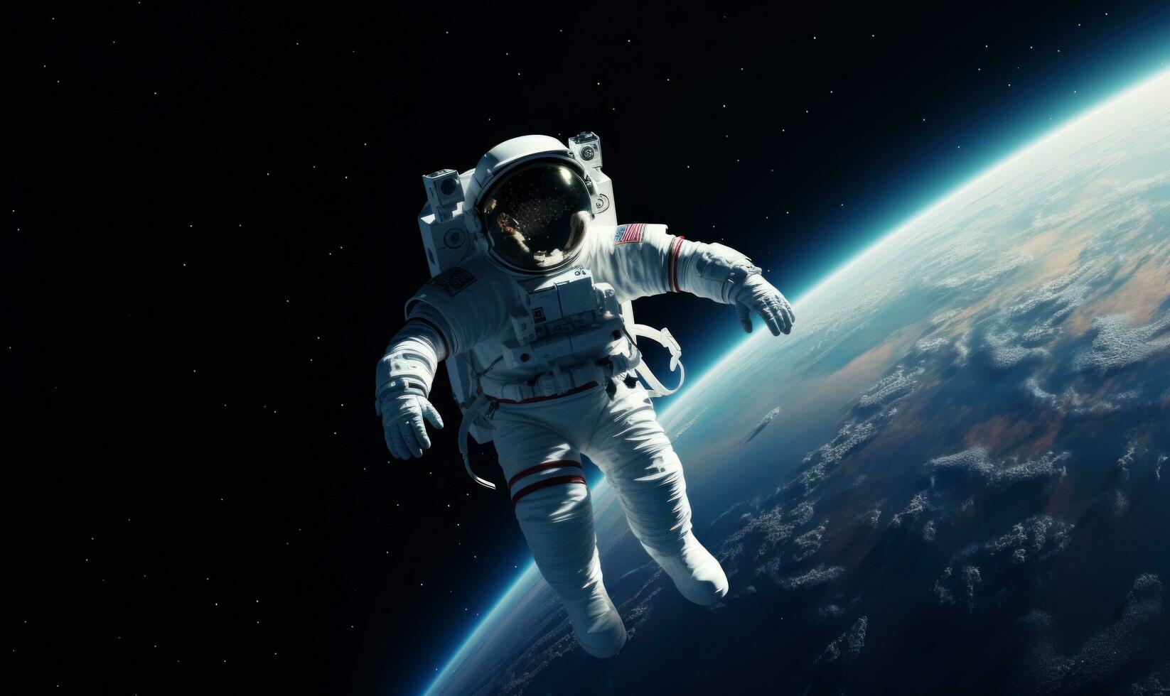 ai generado astronauta en espacio en un rock foto