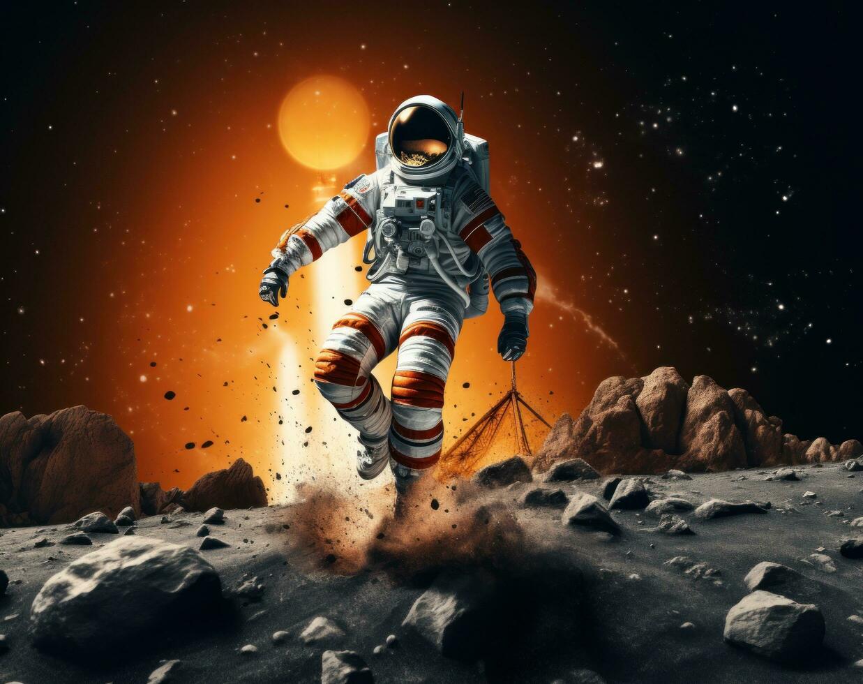 ai generado un astronauta tiene sólo aterrizado en un cohete a el Luna foto