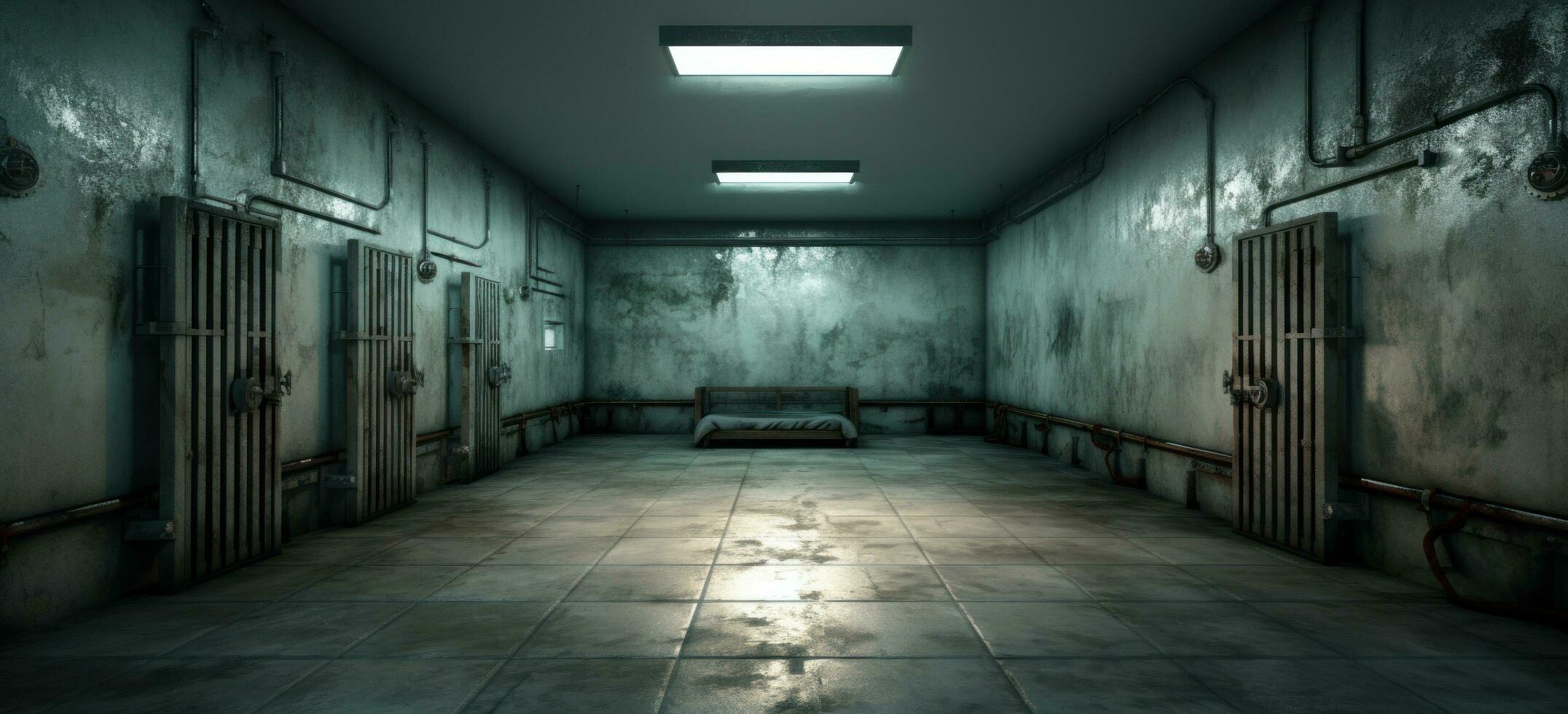 AI generated an empty prison cell with lights on it in a hallway photo