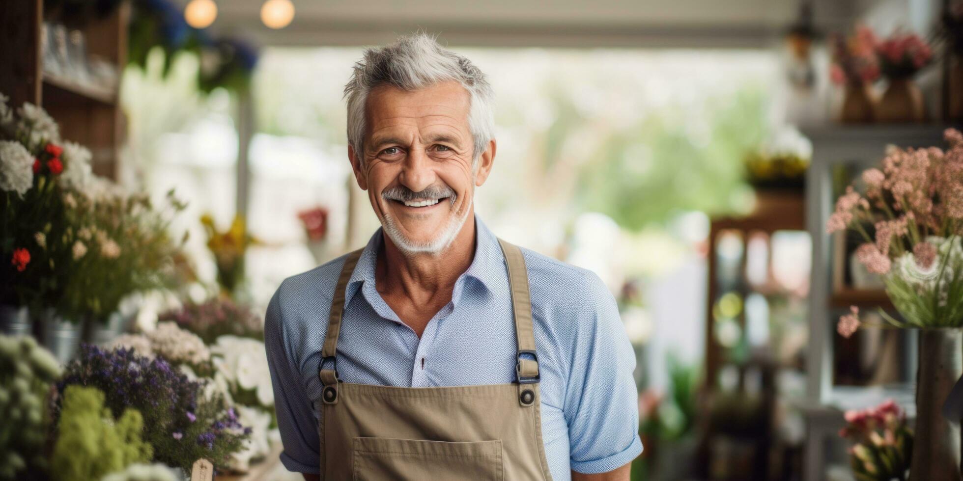 ai generado un más viejo, canoso florista en pie en su tienda foto