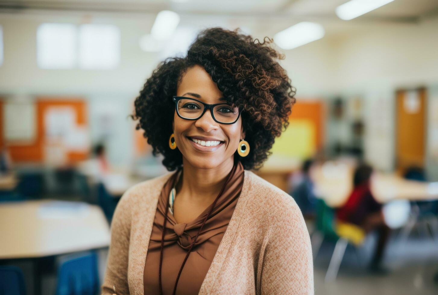 AI generated a woman in glasses is smiling at the camera in a classroom, photo