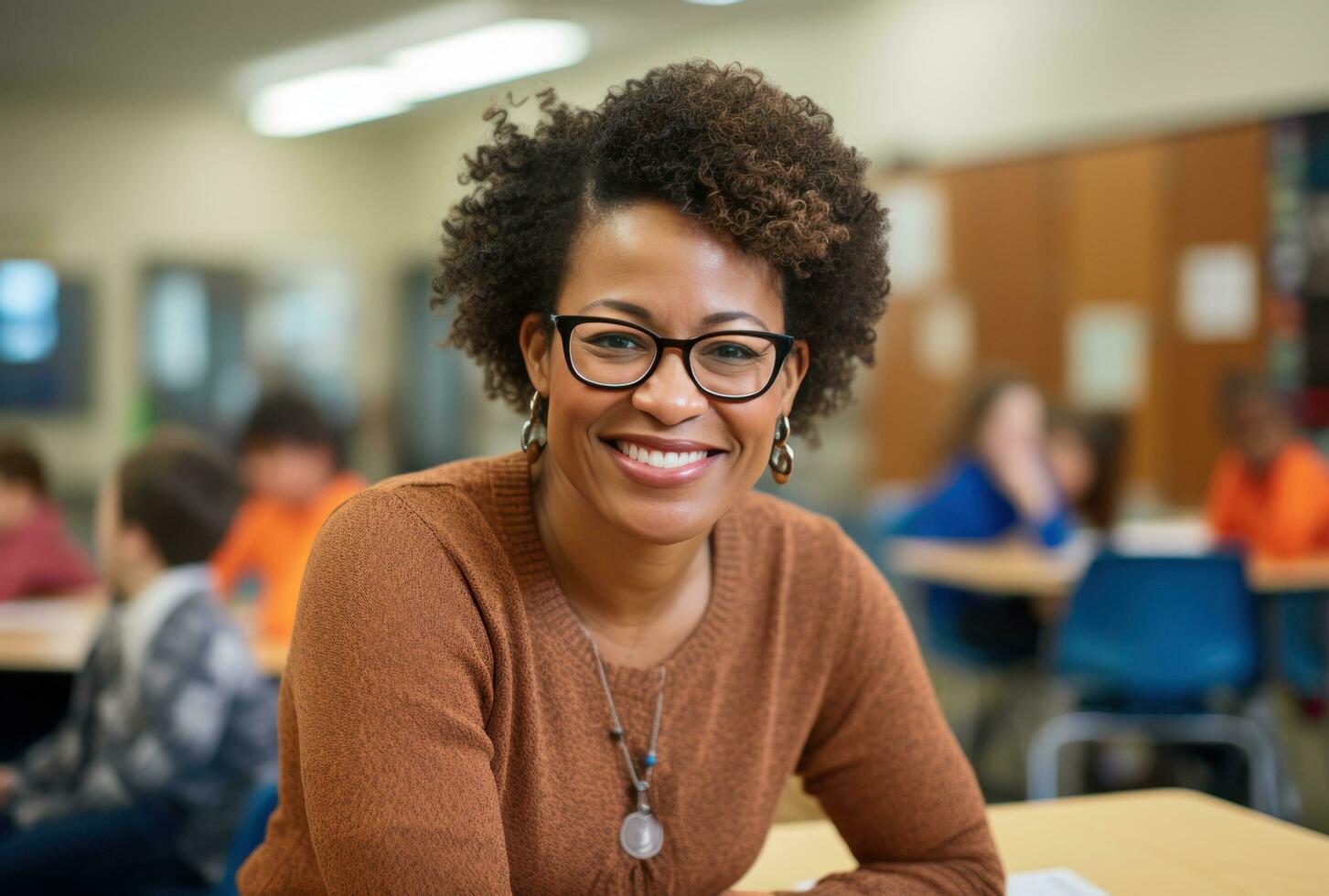 AI generated a woman in glasses is smiling at the camera in a classroom, photo