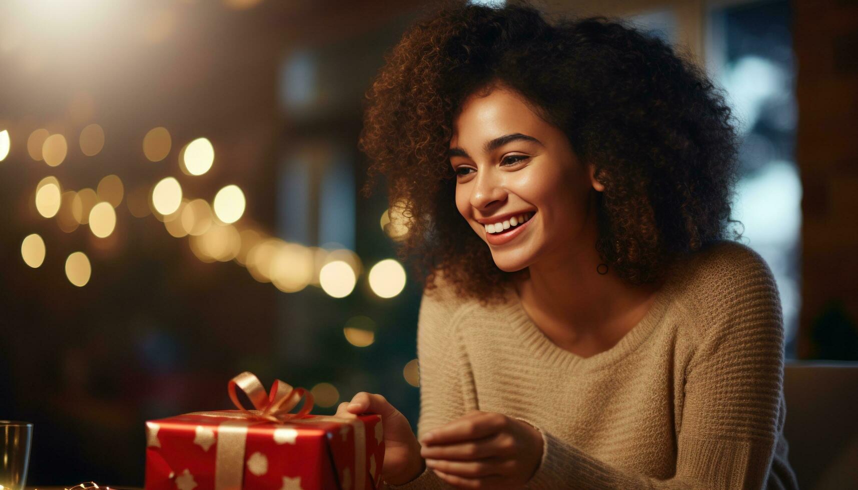 AI generated a woman with curly hair, laughing holding a gift box photo