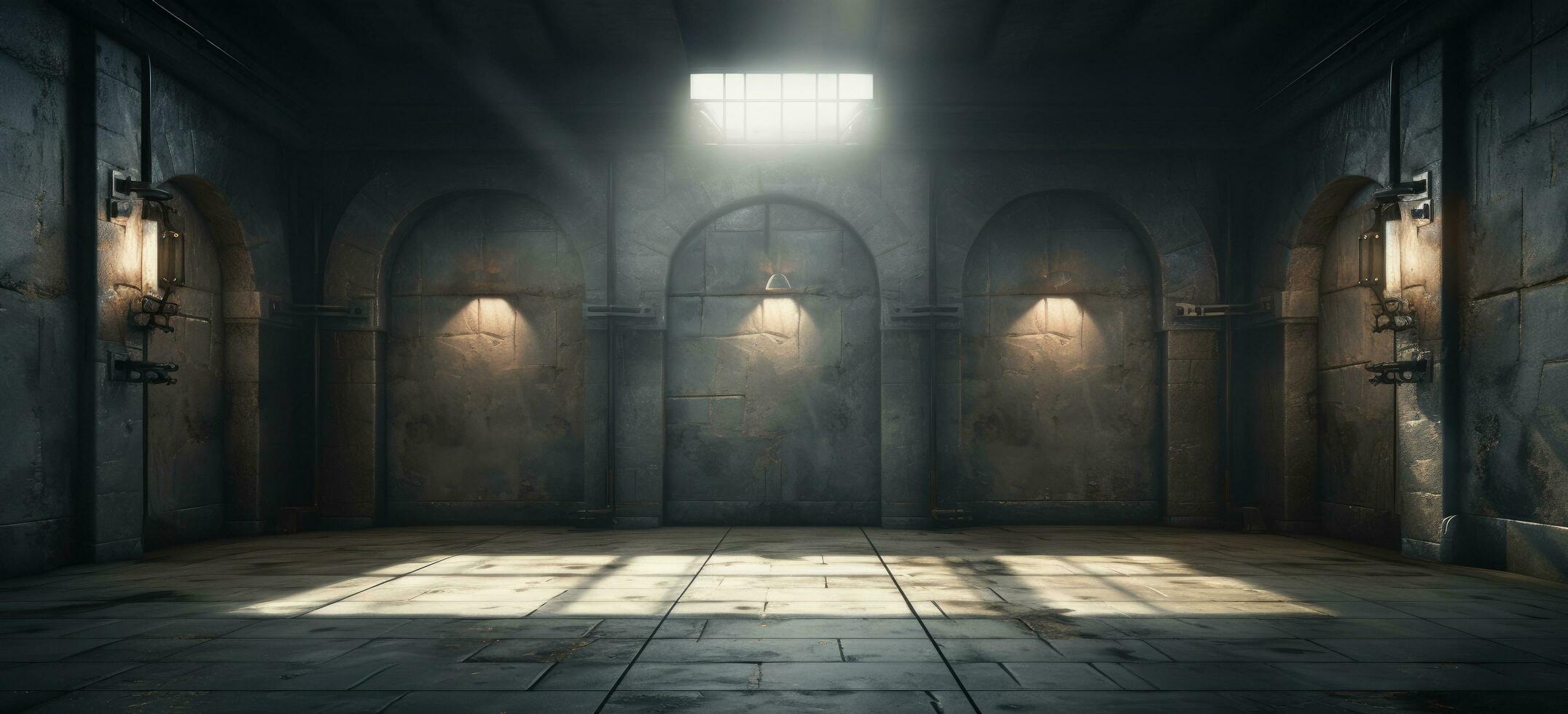 AI generated a prison cell with light shining through the windows photo