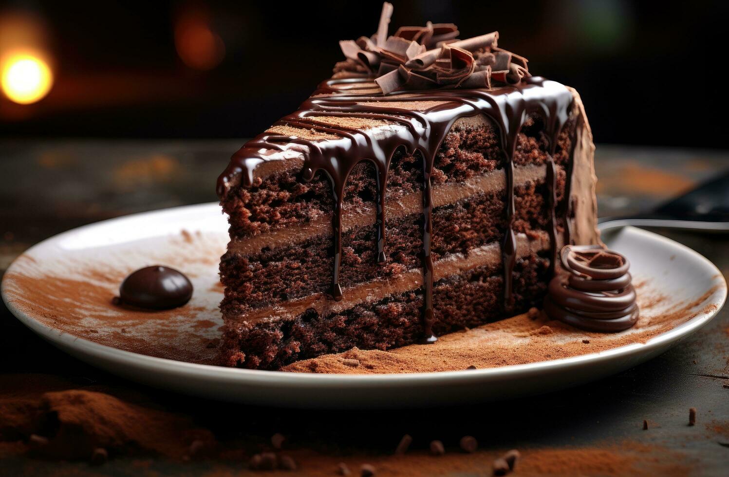 AI generated a slice of chocolate cake with a small sample of chocolate icing photo