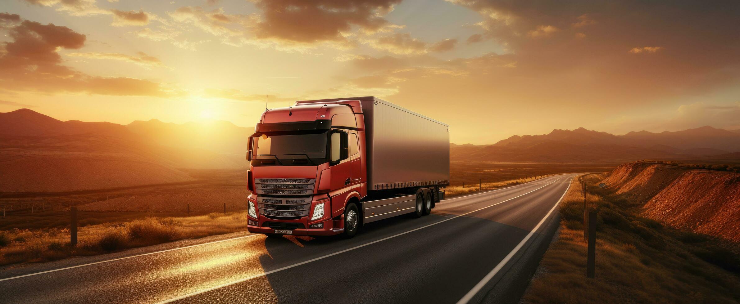 AI generated a semi truck driving down a highway at sunset photo