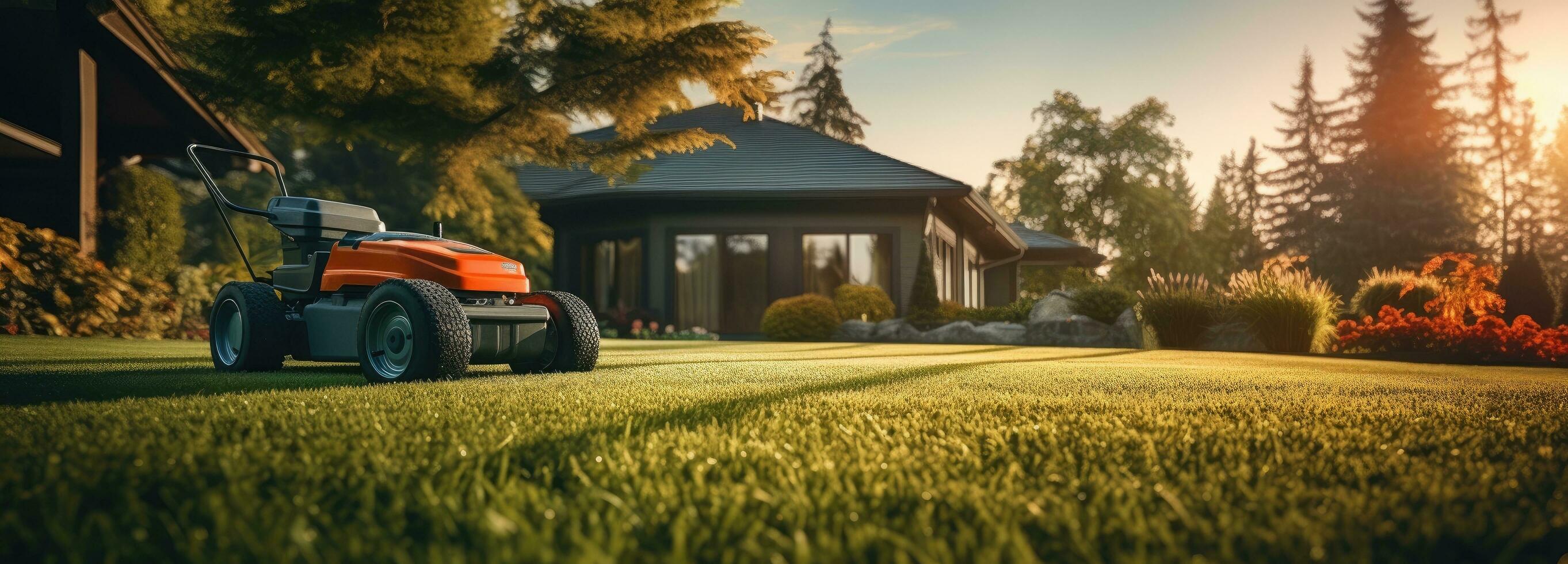 AI generated a lawn mower is on a green lawn with a house in the background photo