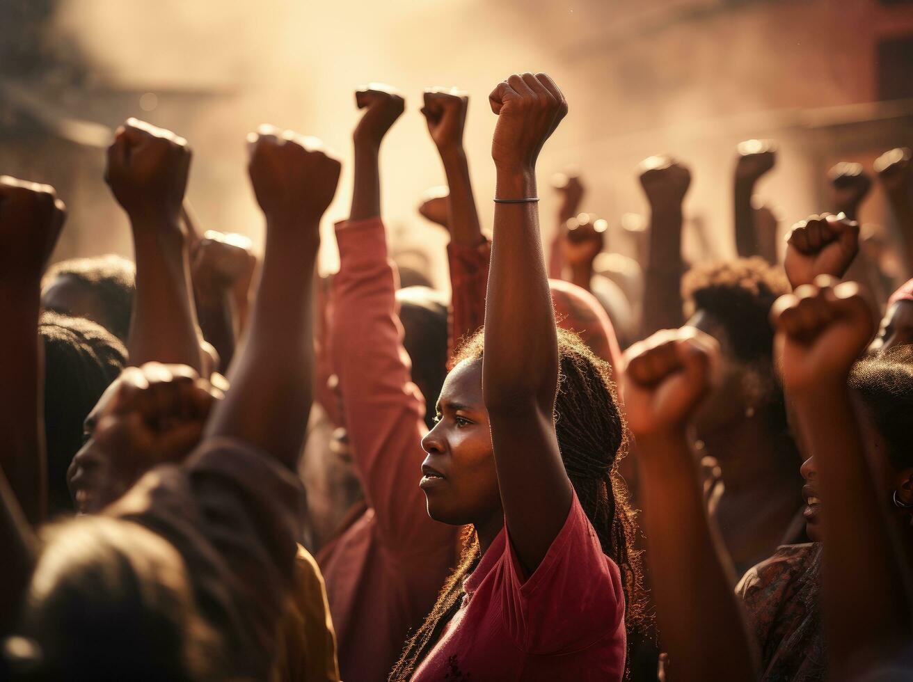 AI generated a group of people holding up their fists in different directions photo