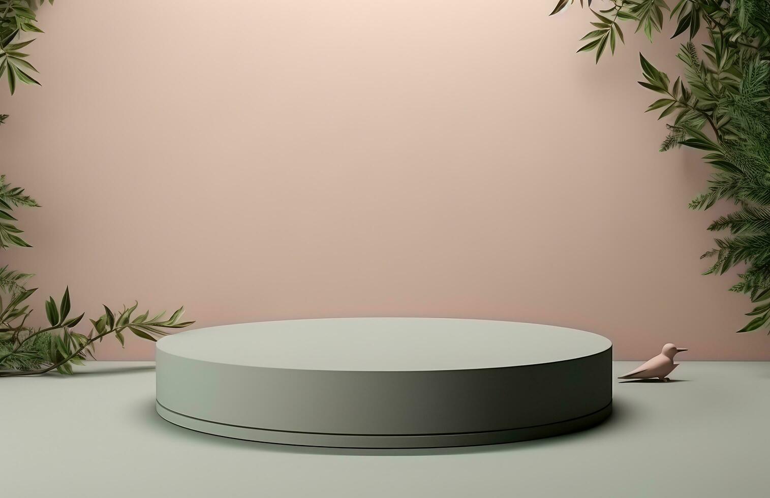 AI generated a gray round pedestal with green foliage near a green table, photo