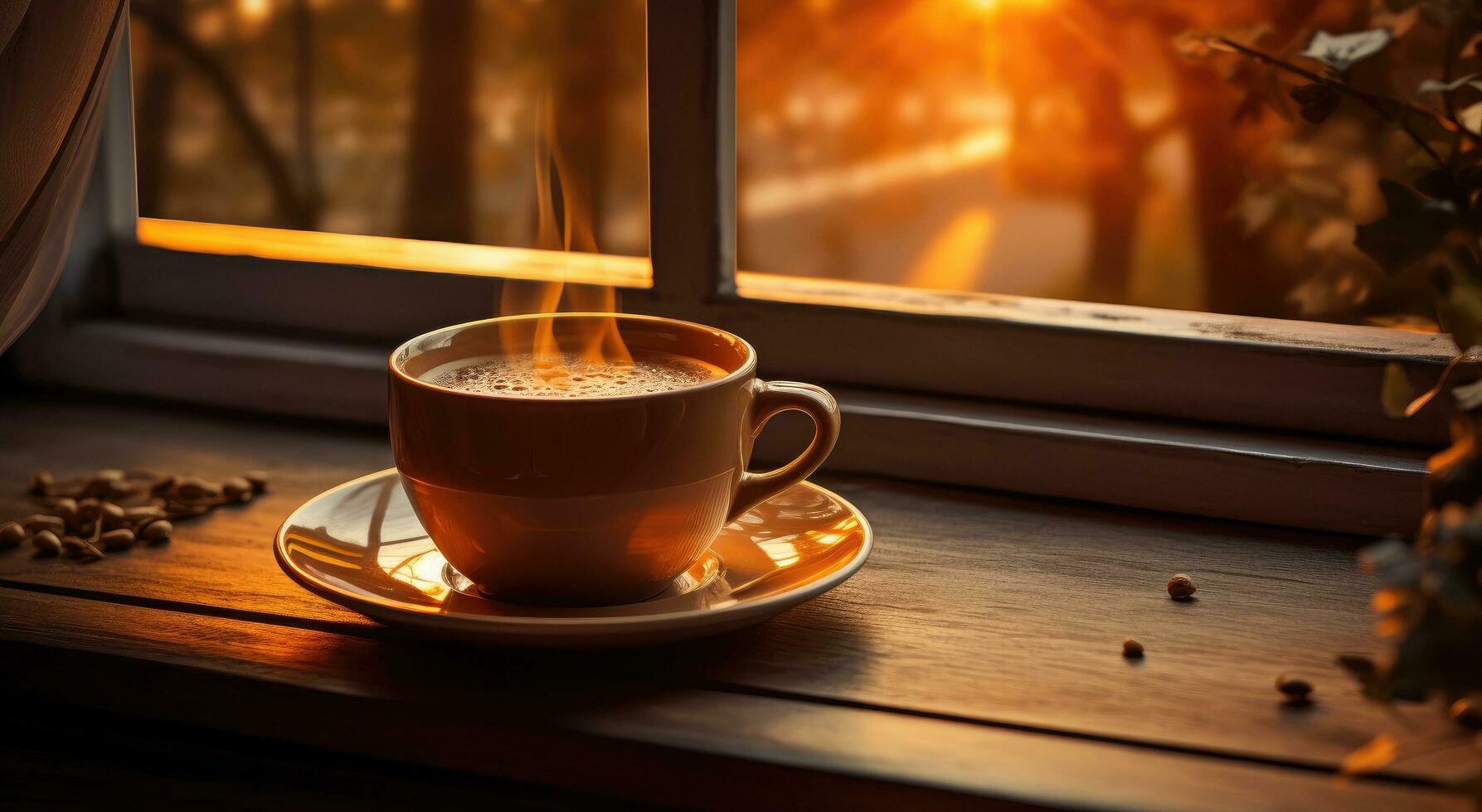 AI generated a cup of coffee on a window sill with light flowing in photo