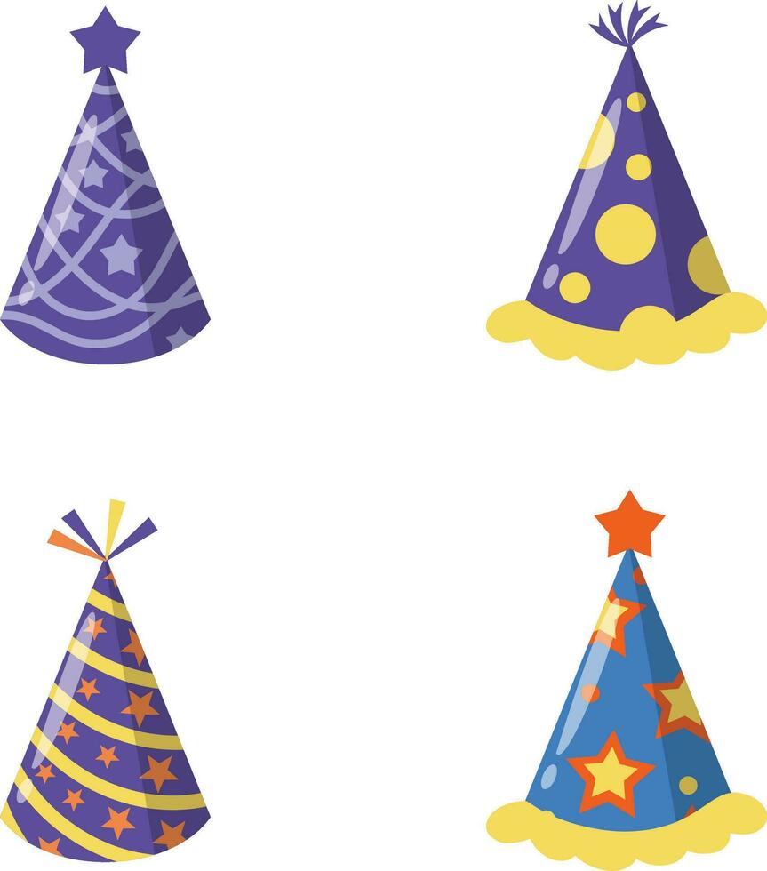 New Year Hat With Colorful Cartoon Design. Vector Illustration Set.