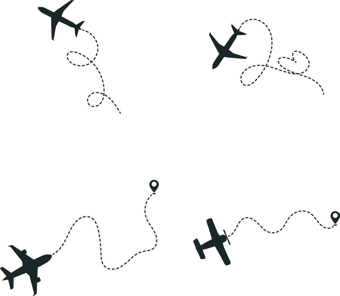 Set of Airplane Dotted. With Start Point and Dash Line Trace. Isolated Vector Illustration.