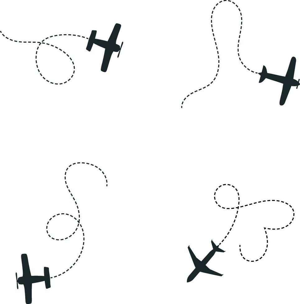 Set of Airplane Dotted. With Start Point and Dash Line Trace. Isolated Vector Illustration.