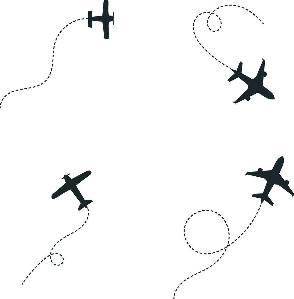 Set of Airplane Dotted. With Start Point and Dash Line Trace. Isolated Vector Illustration.