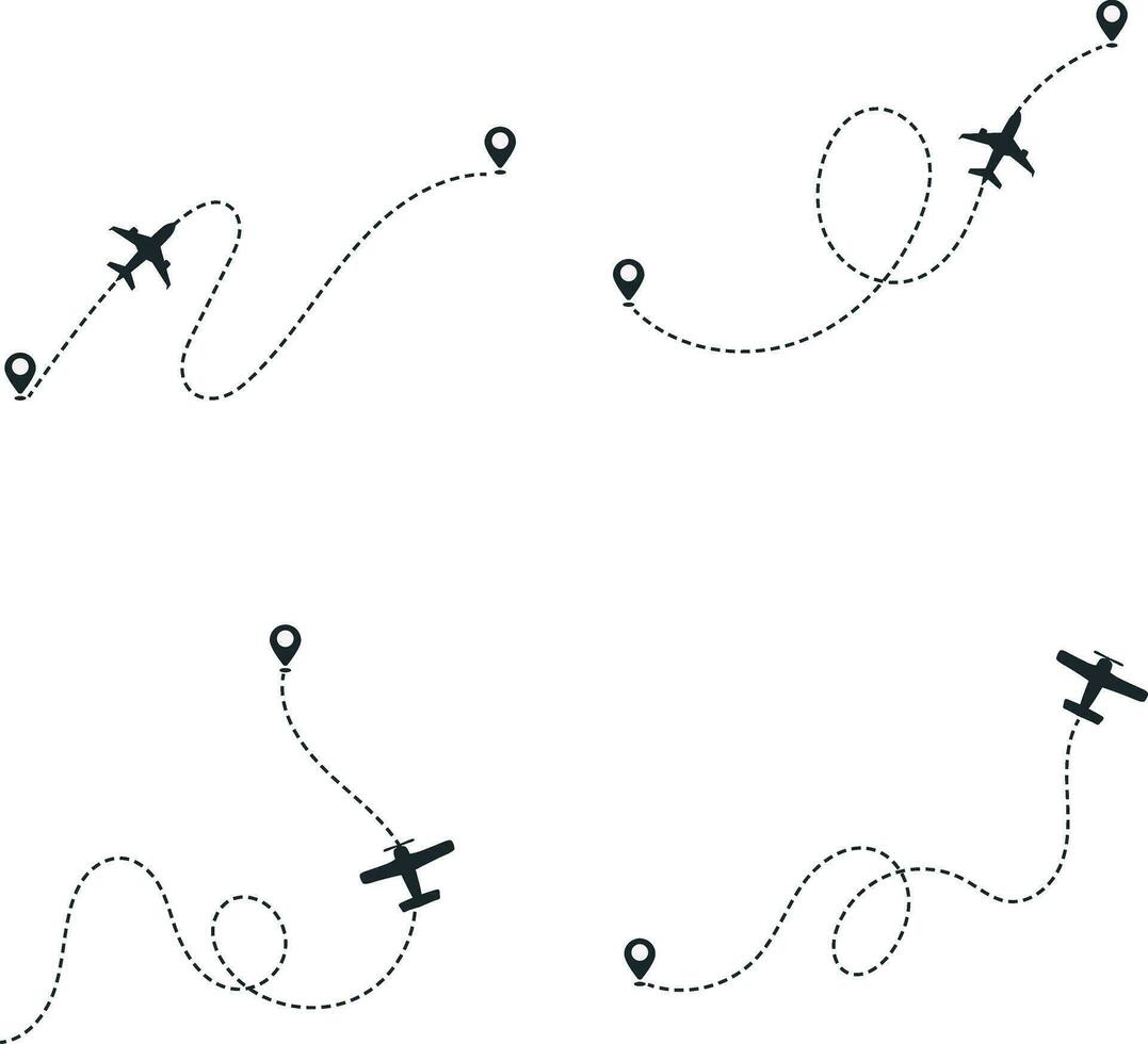 Set of Airplane Dotted. With Start Point and Dash Line Trace. Isolated Vector Illustration.