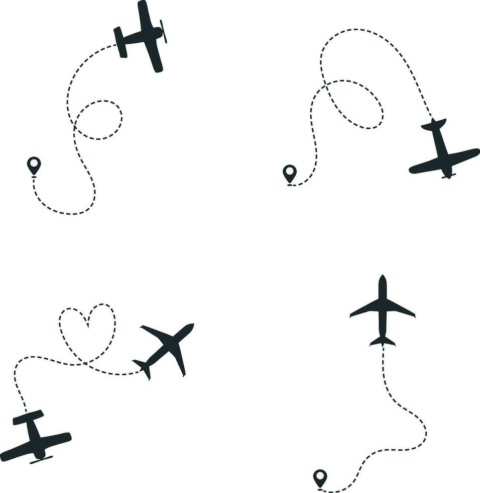 Set of Airplane Dotted. With Start Point and Dash Line Trace. Isolated Vector Illustration.