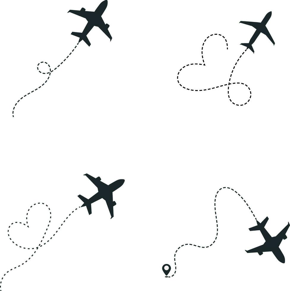 Set of Airplane Dotted. With Start Point and Dash Line Trace. Isolated Vector Illustration.