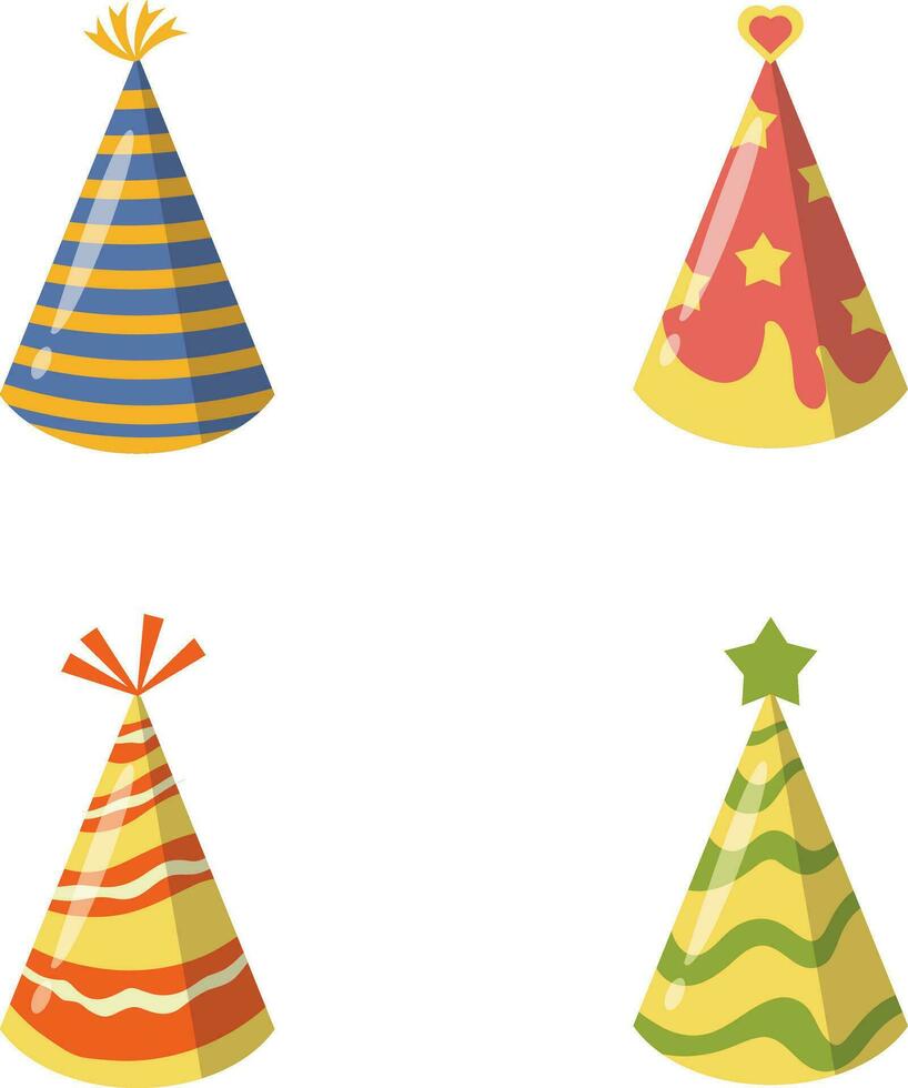 New Year Hat With Colorful Cartoon Design. Vector Illustration Set.