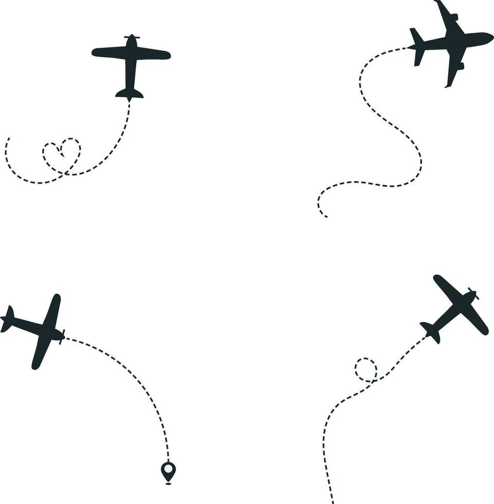 Set of Airplane Dotted. With Start Point and Dash Line Trace. Isolated Vector Illustration.