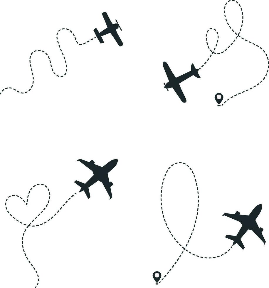 Set of Airplane Dotted. With Start Point and Dash Line Trace. Isolated Vector Illustration.