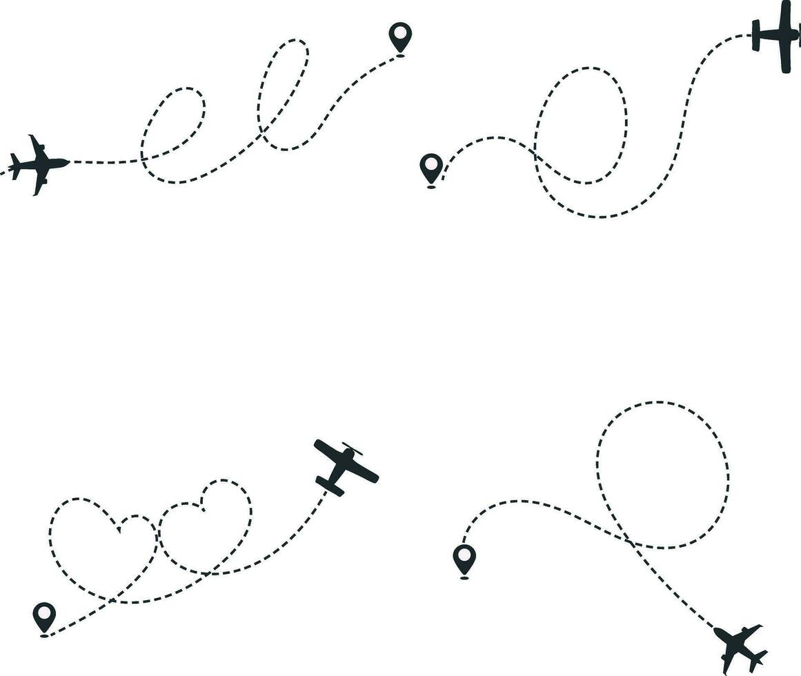 Set of Airplane Dotted. With Start Point and Dash Line Trace. Isolated Vector Illustration.