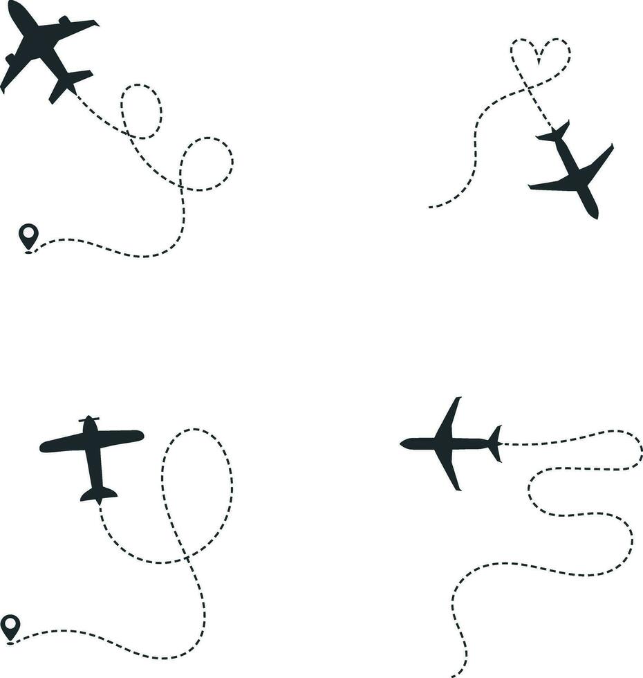 Set of Airplane Dotted. With Start Point and Dash Line Trace. Isolated Vector Illustration.