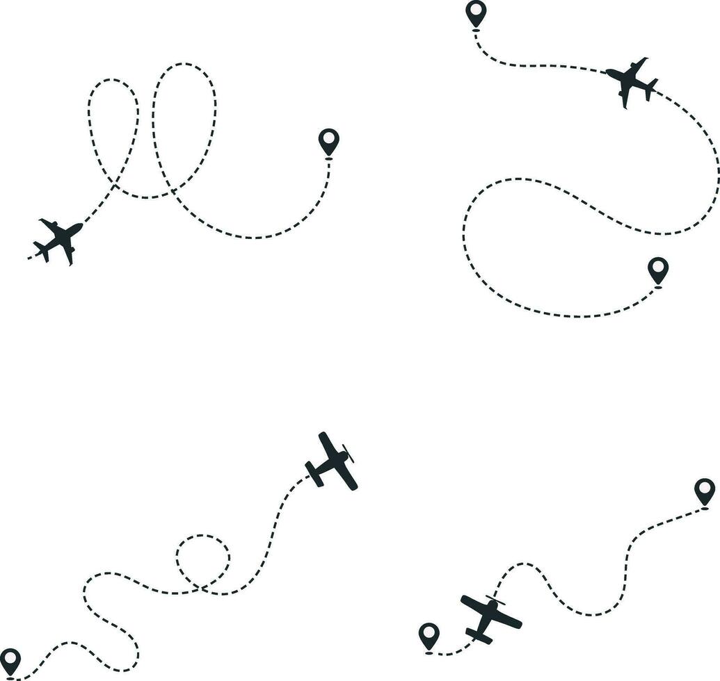 Set of Airplane Dotted. With Start Point and Dash Line Trace. Isolated Vector Illustration.