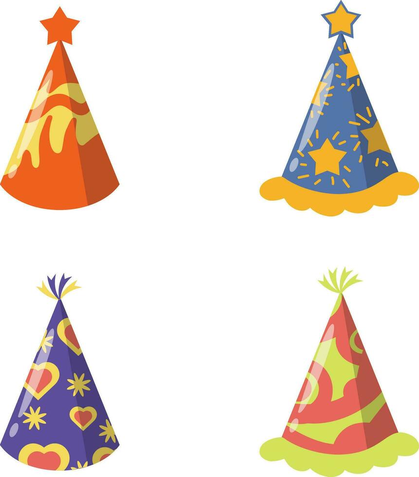 New Year Hat With Colorful Cartoon Design. Vector Illustration Set.