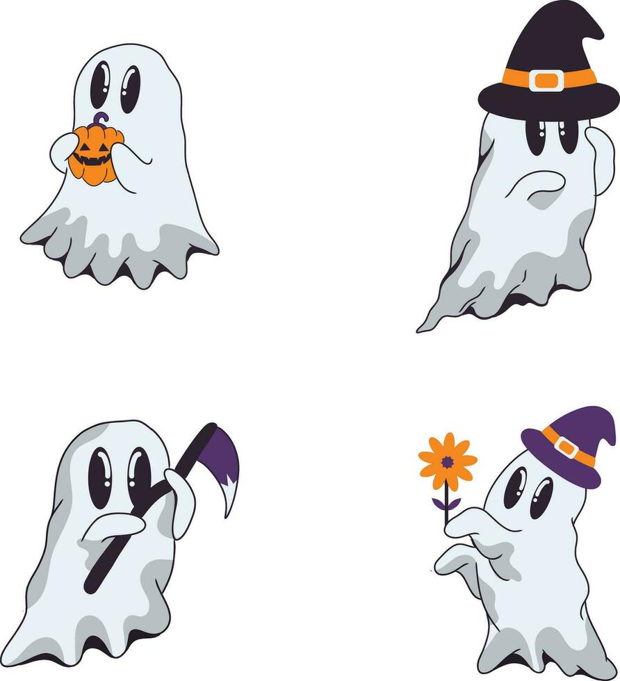 Retro Ghost Halloween Icon Collection. With Flat Cartoon Design. Isolated On White Background. Vector Illustration.