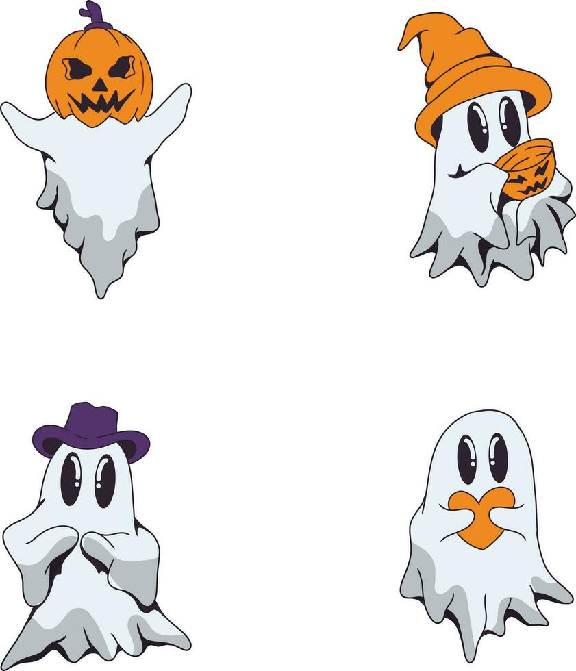 Retro Ghost Halloween Icon Collection. With Flat Cartoon Design. Isolated On White Background. Vector Illustration.