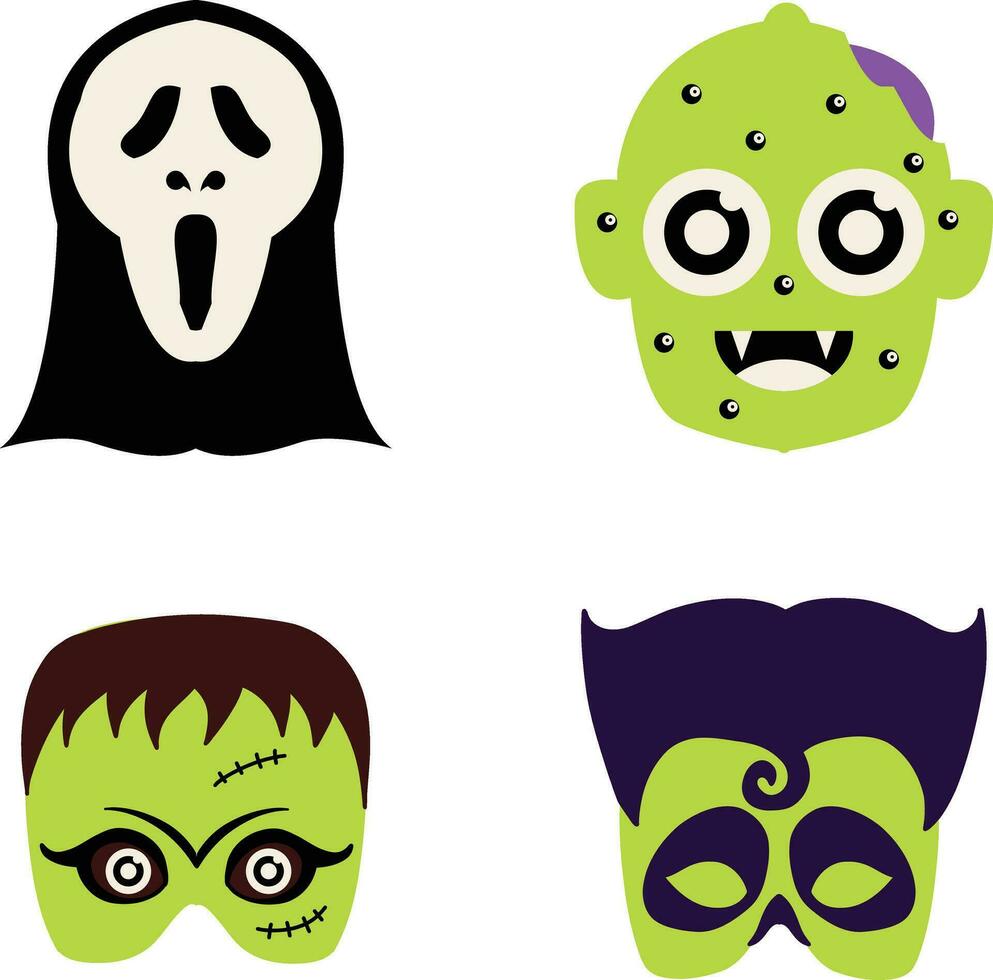 Different Halloween Mask With Creepy Cartoon Design. Vector Illustration Set.