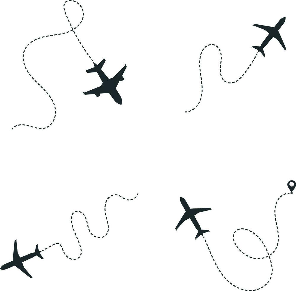 Set of Airplane Dotted. With Start Point and Dash Line Trace. Isolated Vector Illustration.