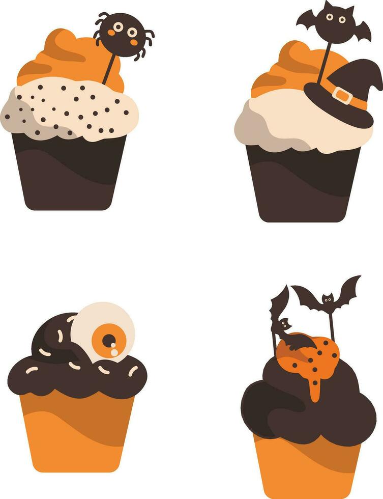 Halloween Cupcake Icon With Spooky Cartoon Design Style. Vector Illustration Set.